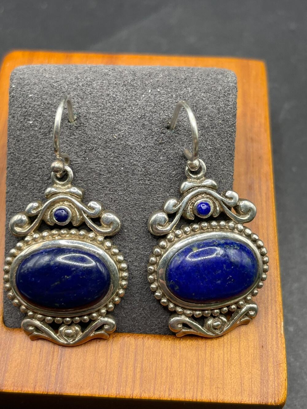 Vintage NK Signed Designer Sterling Silver Lapis Lazuli Dangle Earrings
